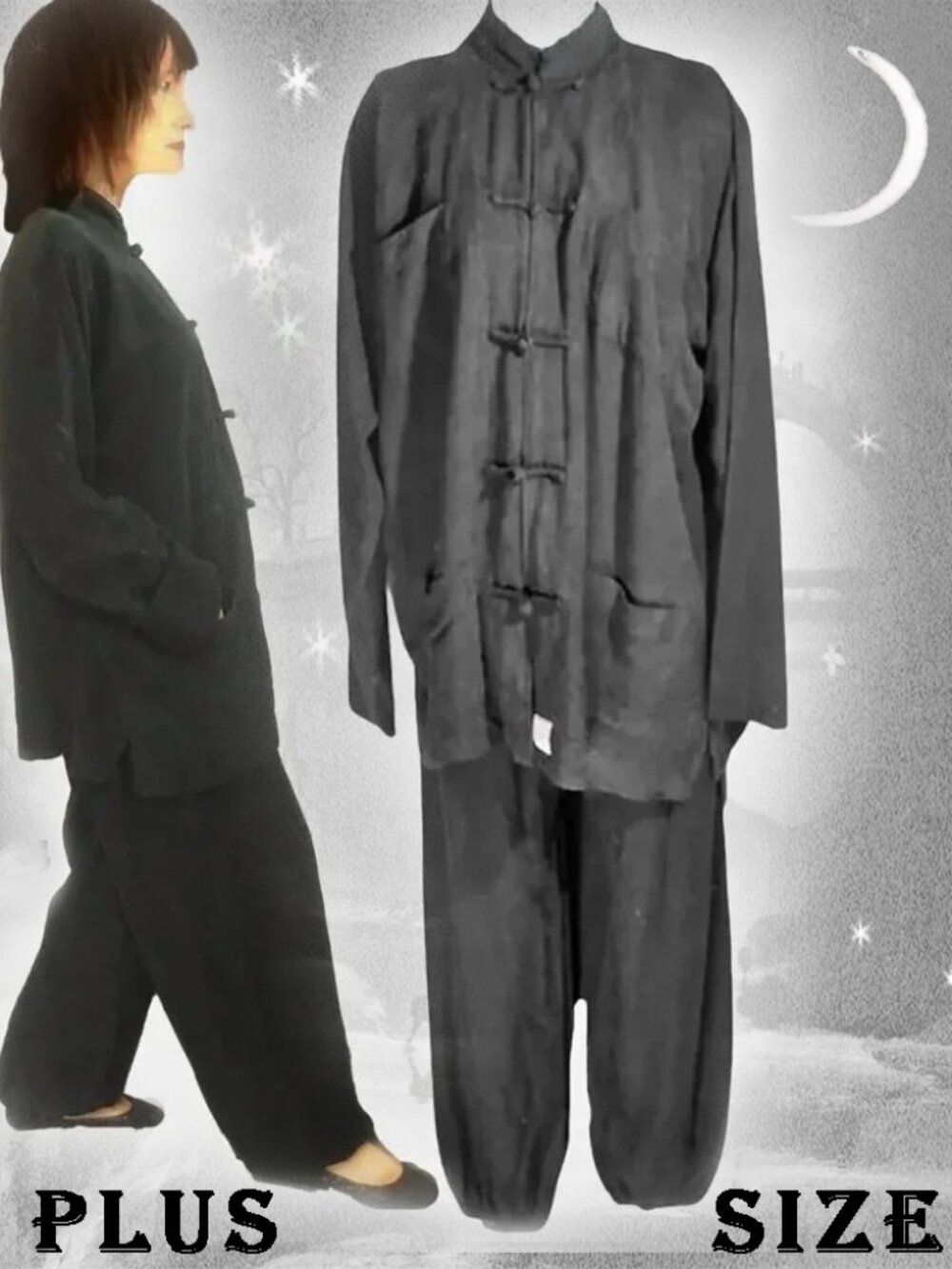 Plus Size Black Pant Suit, Original Tang Kung Fu, Martial Arts Vintage